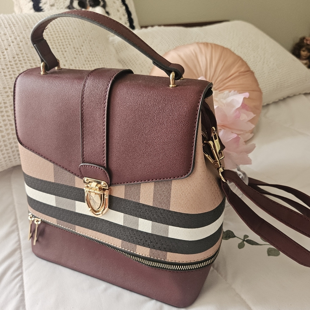 Elegant Burgundy Striped Black Tan White Handbags Backpacks With Wallet